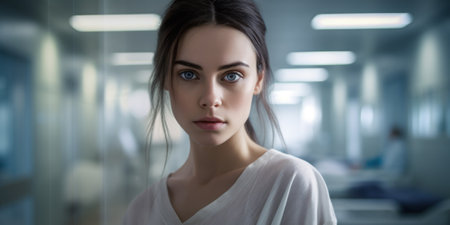 Portrait of a beautiful girl with blue eyes in the hospital corridorの素材