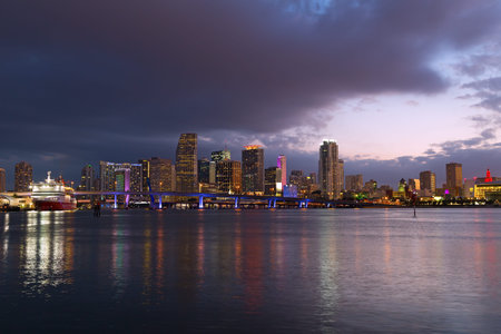 Miami city skyline at dusk  Urban landscape of Miami downtown with reflections の写真素材