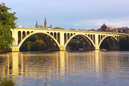 Key Bridge at sunrise with Georgetown University in sight, Washington DC. Francis Scott Key Bridge in Washington DC, USAの写真素材