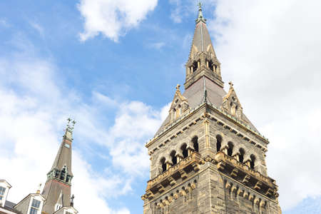 Towers of historic Healy Hall building of Georgetown University in Washington DC. Neo-Medieval style of Healy Hall towers at sunset.のeditorial素材