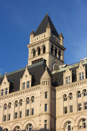 Old Post Office Building in Washington DC at sunset. Architectural details of Old Post Office building in Washington DC.のeditorial素材