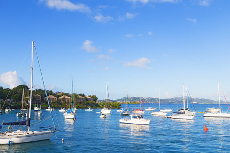 Yachts near the pier at St John Island, US VI. Moored boats in Caribbean Sea calm waters with...