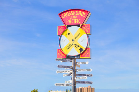 Crossroads of the Pacific sign, Hawaii, USA. USS Arizona memorial Pearl Harbor, Hawaii.