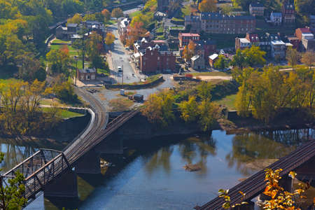 Aerial view on Harpers Ferry historic town in autumn. Harpers Ferry National Historical Park in West Virginia, USA.の写真素材
