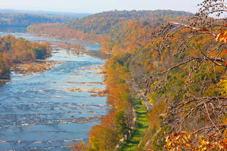 Aerial view on Shenandoah River and Blue Ridge Mountains in Harpers Ferry, West Virginia, USA. Colorful autumn landscape from a scenic outlook.の写真素材