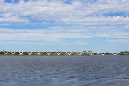 Woodrow Wilson Bridge from National Harbor, Oxon Hill, Maryland, USA. A bascule bridge across Potomac River connects Virginia and Maryland states.の写真素材