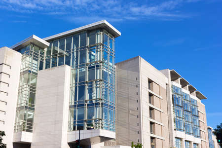 Architectural details of convention center building in Washington DC. The natural light coming through the windows gives a lift to the concrete core structure.のeditorial素材