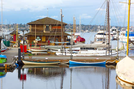 SEATTLE, USA - MARCH 22, 2016: Center for Wooden Boats on Lake Union on March 22, 2016 in Seattle, WA, USA. The collection of maritime museum started includes more than 100 small sailboats and rowboats.のeditorial素材
