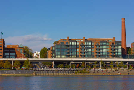 Georgetown Park waterfront on a warm evening in late autumn. Waterfront with access to Potomac River and park in Washington DC, USA.の写真素材
