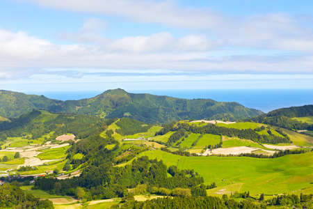 Azores archipelago landscape with ocean on a horizon. Aerial view on Sao Miguel island in Azores, Potugal.の写真素材