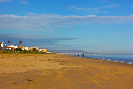 Mediterranean Sea landscape in winter, Spain. Empty beach on winter morning.の写真素材