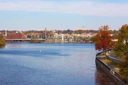 Potomac River waterfront near Georgetown Park, Washington DC, USA. Autumn in US capital suburb near the river.の写真素材