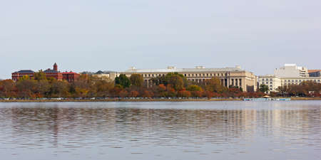 Washington DC panorama near Tidal Basin in fall. Historic buildings and museums along the water in US capital.のeditorial素材