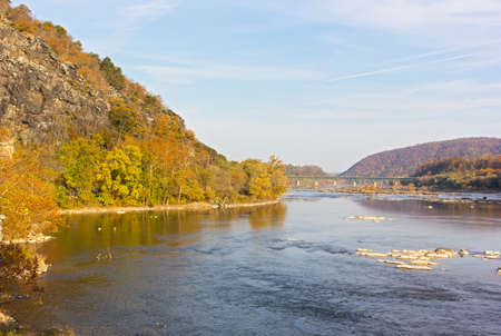 Potomac River in Harpers Ferry National park, West Virginia, USA. Autumn landscape with river and mountains.の写真素材