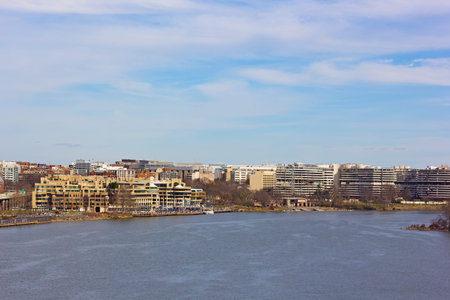 Washington DC panorama near Potomac River waterfront, USA. A view on Georgetown waterfront in spring.のeditorial素材