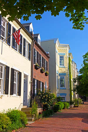 Residential row houses in US capital. Historic urban architecture of Georgetown neighborhood in Washington DC.の写真素材