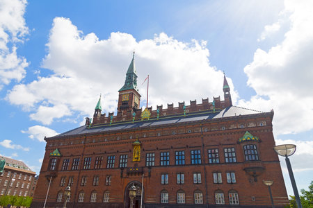 Copenhagen Town Hall building in summer, Denmark. Historic building is situated in central...