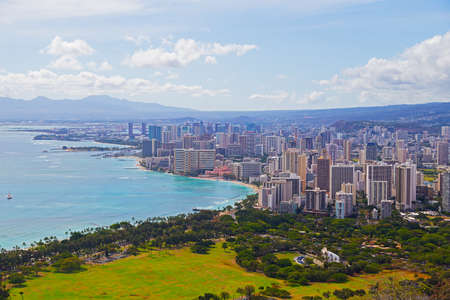 Panorama of Waikiki neighborhood in Honolulu, Hawaii, USA. Urban skyline with modern buildings and Pacific coastline.の写真素材