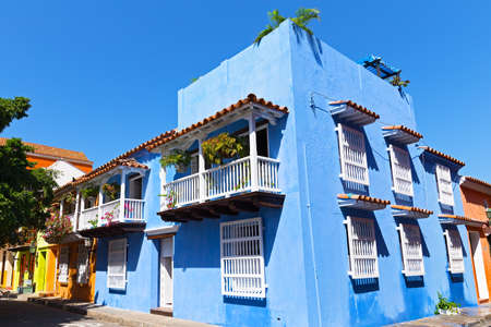 Colorful colonial buildings in Cartagena walled city, Colombia. Beautiful historic buildings with balconies.のeditorial素材
