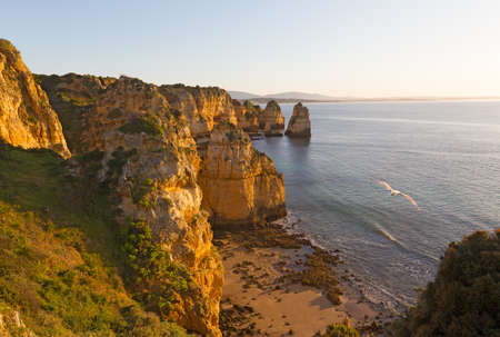 Coastline at sunrise in Algarve Portugal. Secluded empty sandy beach with rocks and nearby cliffs at sunrise.の写真素材