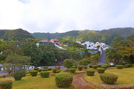 Picturesque village on the largest island of Azores, Portugal. Landscape near Furnas on Sao Miguel Island, Portugal.の写真素材