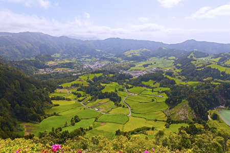 Agricultural area of volcanic island near Furnas in Azores, Portugal. Aerial view from the viewpoint of Pico do Ferro.の写真素材