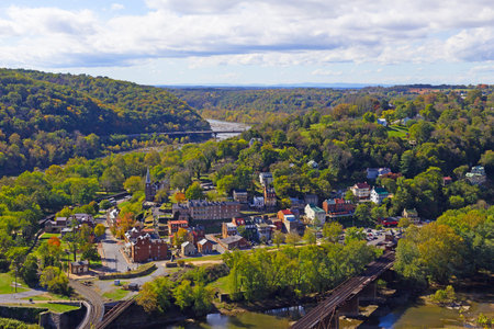 An aerial view on Harpers Ferry historic town and park, West Virginia, USA. Early autumn landscape...