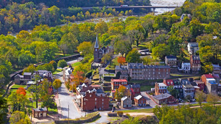 Aerial view on Harpers Ferry historic town and park in autumn. Harpers Ferry National Historical Park in West Virginia, USA.の写真素材