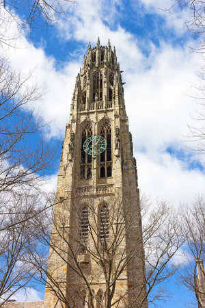 NEW HAVEN, CONNECTICUT, USA - APRIL 8: Harkness Tower at Yale University as seen on April 8, 2017....