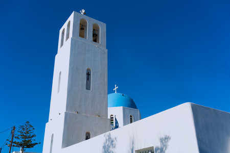 Church with a blue dome on Santorini Island, Greece.の写真素材