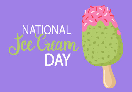 A greeting card for National Ice Cream Day. Pistachio ice cream on a stick with sprinkles. Gelato or sorbet. Holiday concept. Template for background, banner, postcard, posterのイラスト素材