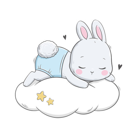 Vector illustration of cute white gray bunny, rabbit, hare sleeping on a cloud. Cute animal portrait in pastel colors. Stickers, wall art, baby shower, kids room decoration, print.のイラスト素材