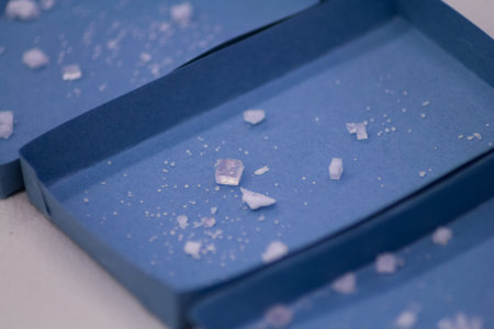 A lot of salt crystals in blue box.
