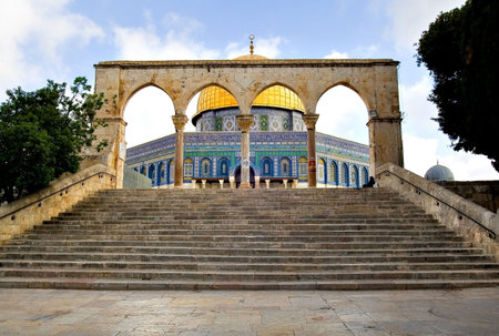 Artistic view of the Golden Dome Mosque with arches (Jerusalem, Israel)