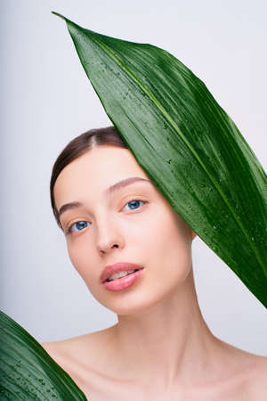 Sexy blue-eyed brown-haired woman with tropical leaves.の写真素材