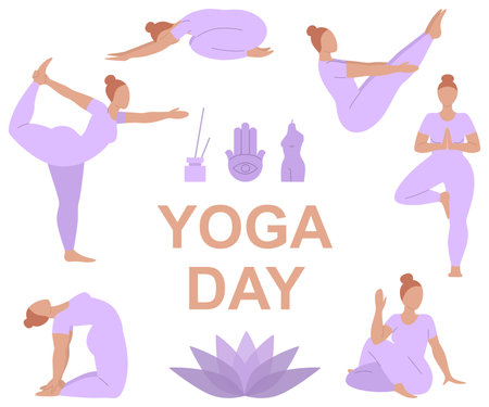 Girls perform yoga poses and exercises for health and relaxation. International Yoga Day icons in flat style in purple colors. Vector illustration isolated on white background. Body care concept.のイラスト素材