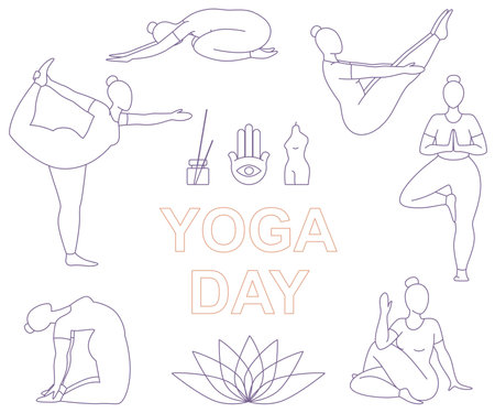 Girls perform yoga poses and exercises for health and relaxation in purple colors. International Yoga Day icons in outline style. Vector illustration isolated on white background. Body care concept.のイラスト素材