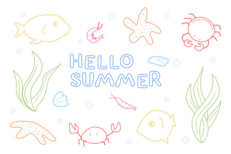Hello summer hand drawn lettering with fish, starfish, crab and seaweed.のイラスト素材