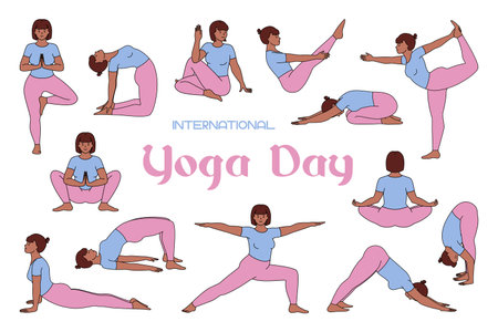Girls perform yoga poses and exercises for health and relaxation. International Yoga Day icons in flat style in purple colors. Vector illustration isolated on white background. Bodのイラスト素材