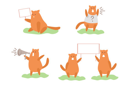 Cute cartoon cats with a poster and a megaphone. Animals Protest at a rally, picket. Scream and outrage. Hand drawn flat vector illustration isolated on white backgroundのイラスト素材