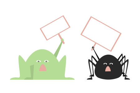 Cute cartoon frog and spider with poster. Animals Protest at a rally, picket. Scream and outrage. Hand drawn flat vector illustration isolated on white backgroundのイラスト素材