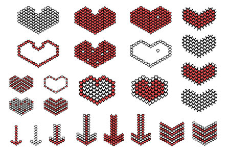 Collection of arrow heart symbol in red color. Set of love and romance icons. Arrows. Valentine's Day concept. Vector illustration isolated on a white background in flat styleのイラスト素材