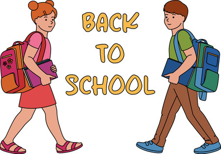 Two little schoolchildren go to school with books in their backpacks. Vector illustration of a boy and a girl in flat style isolated on a white background. Back to schoolのイラスト素材