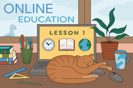 Vector illustration of remote work, freelancing, home office. Image of online education, e-learning, home workplace in flat style.のイラスト素材