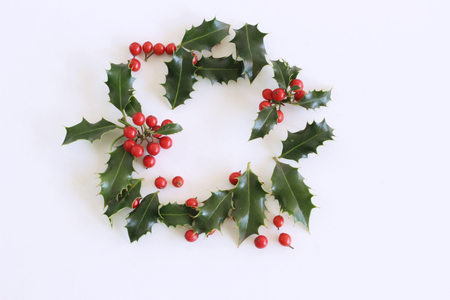 Christmas holly with red berries. Traditional festive decoration. Holly branch with red berries on white table background,flat lay, top view.の写真素材