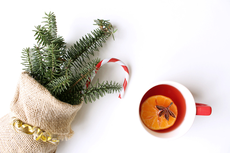 Christmas, Thanksgiving drinks. Autumn, winter cocktail grog, , mandarin, rosemary, cinnamon, anise. On white table. With twigs,copy space top view.の写真素材