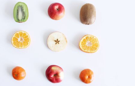 Fresh fruits isolated on a white background.Health concept food concept. flat lay, top view.Fruit composition.の写真素材