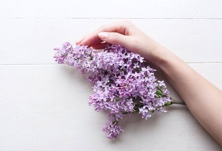 Closeup of women hand holding bouquet with lilac flowers. Summer violet flowers. Flowers concept.の写真素材