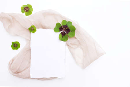 Summer wedding still life scene.Floral composition with green leaves oxalises on white table with silk ribbon. Flat lay, top view. Nature concept.の写真素材