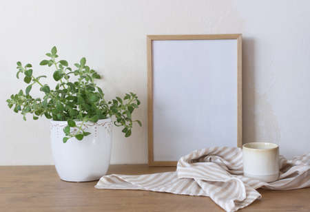Spring still life. Blank wooden picture frame mockup on wooden table, Medicinal herb Plectranthus amboinicus, and tea. Common names in English include Indian borage, country borage, French thyme. Nature concept.の写真素材